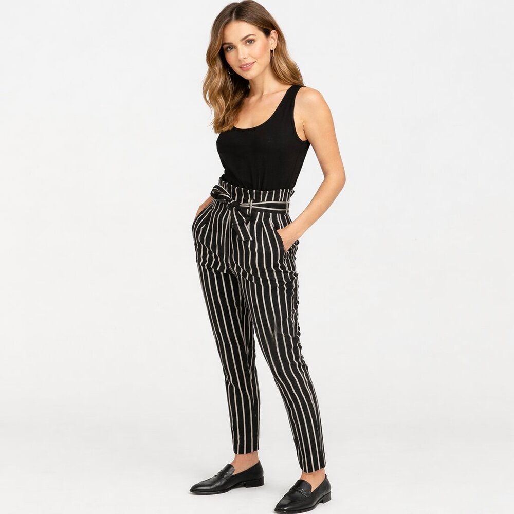 H&M Gold & Black Stripe Paperbag Pants - Size 8